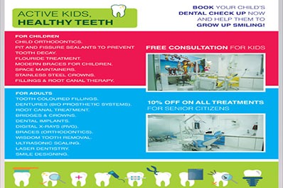 Flyer design for dental clinic checkups, featuring layout, tooth illustrations, & contact information