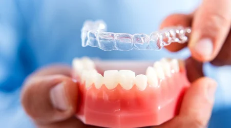 A person holding an orthodontic device with a tooth, used for correcting dental alignment.