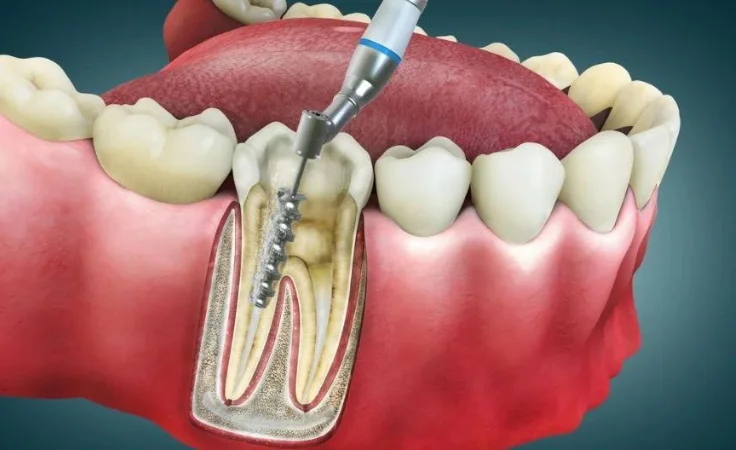 During a dental check, the patient performs a procedure on a tooth for root canal treatments.
