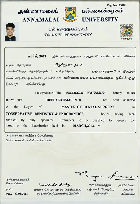 Dr. Deepak Kumar Dental Qualification Certificate