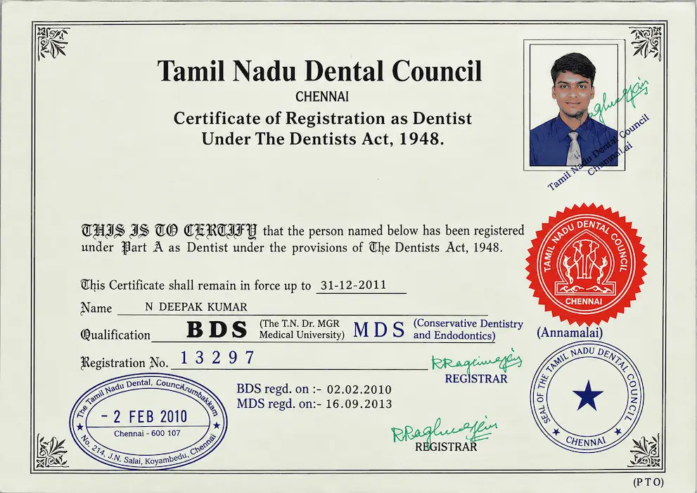 Dr. Deepak Kumar Dental Qualification Certificate