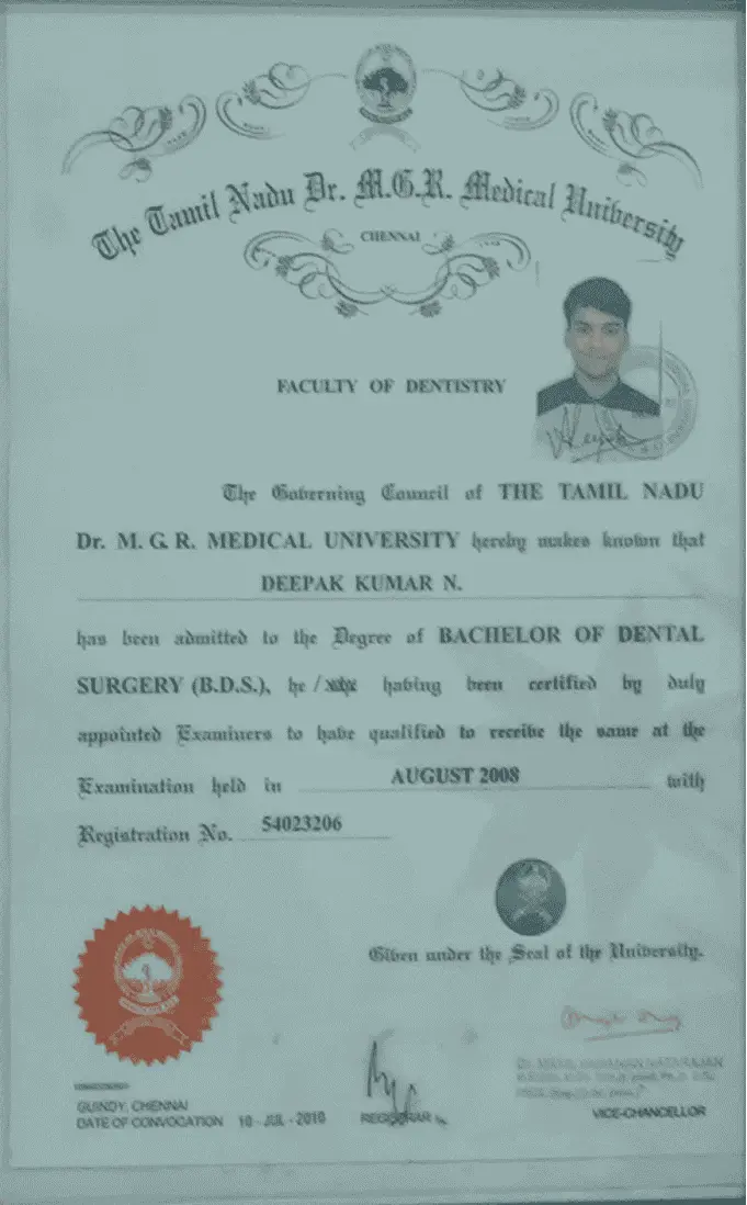 Dr. Deepak Kumar Dental Qualification Certificate